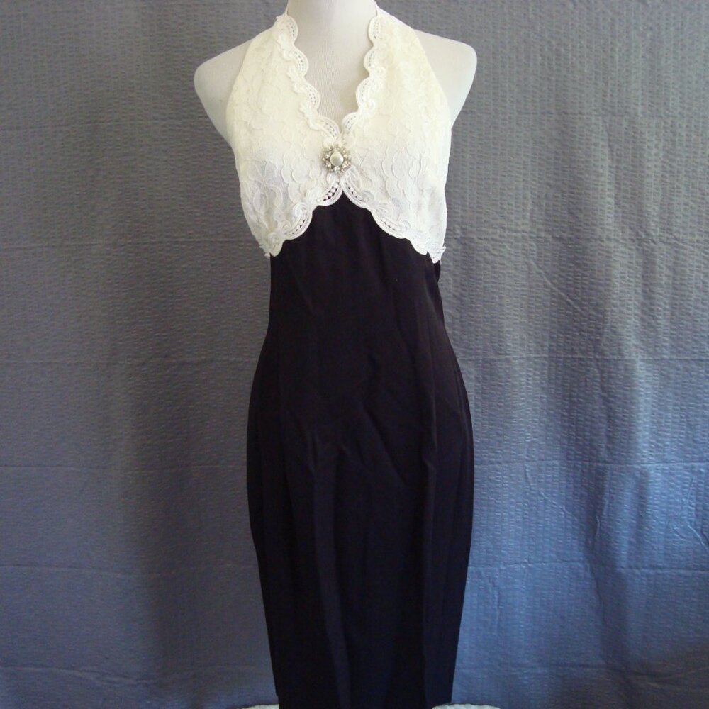 Scott McClintock Halter Style Dress White Lace Black Brooch Pearl Buttons sz12